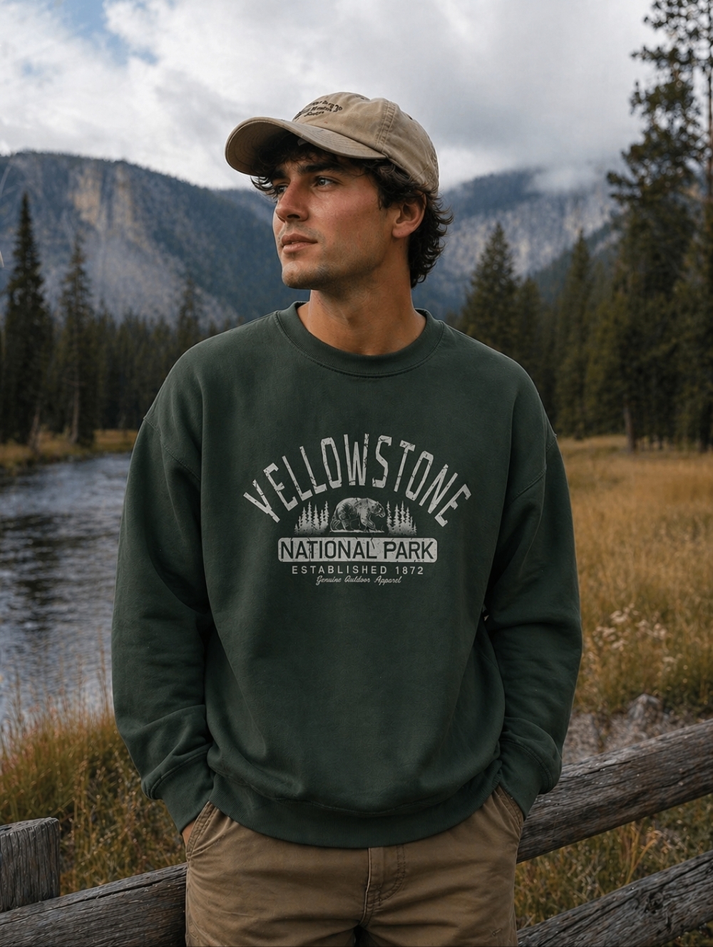 Yellowstone National Park Prairie Mountain  Sweatshirt Forest Green Unisex Sz L